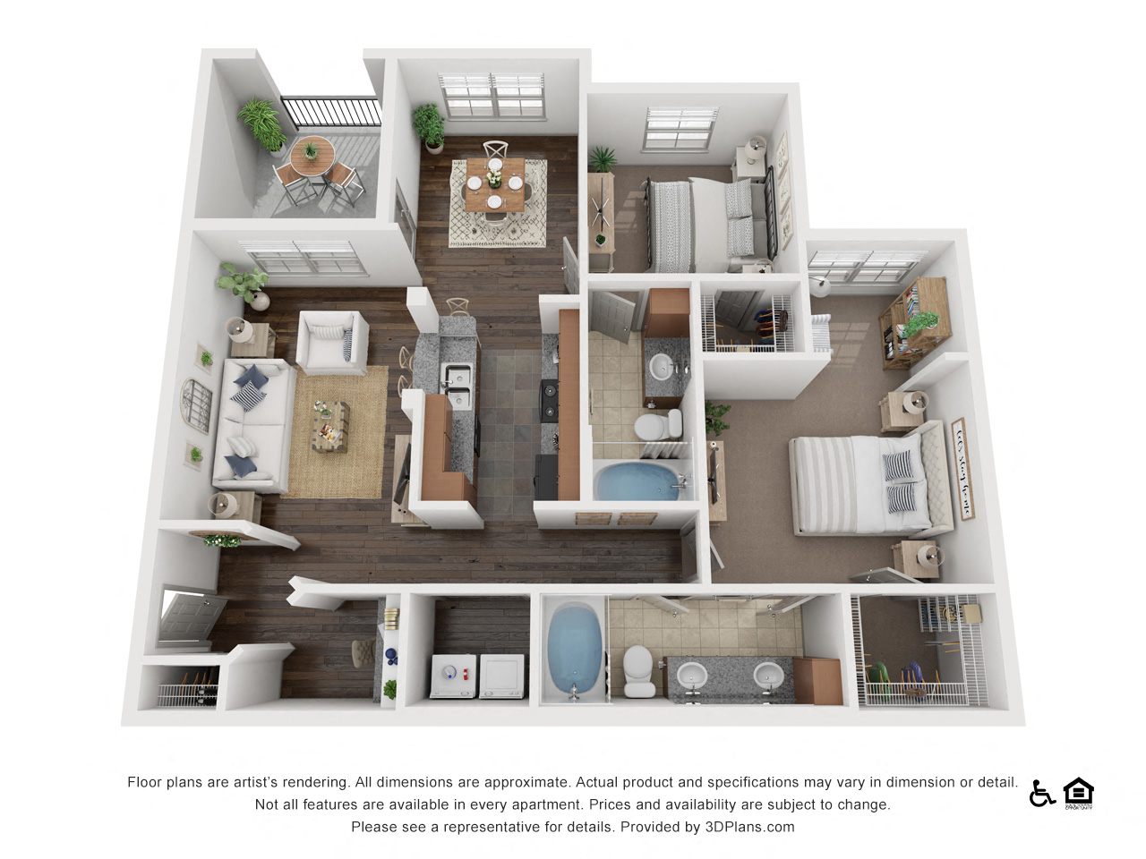 Floor plan for 2 beds, 2 baths, 1234 sqft